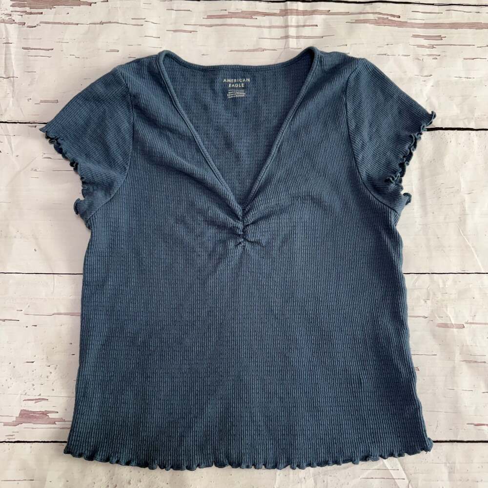 American‎ Eagle Blue Ribbed V-Neck Top Size XXL